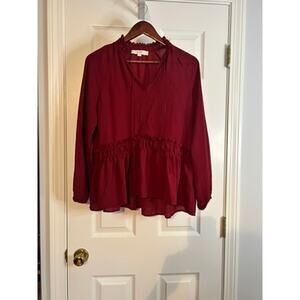 LOFT Ruffle Neck Peplum Blouse Women Small Red Long Sleeve Tie Front Top